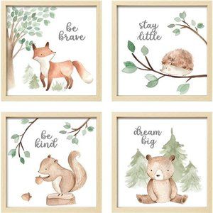 4 Pack Framed Funny Woodland Baby Nursery Wall Art Decor with 10x10 Frames